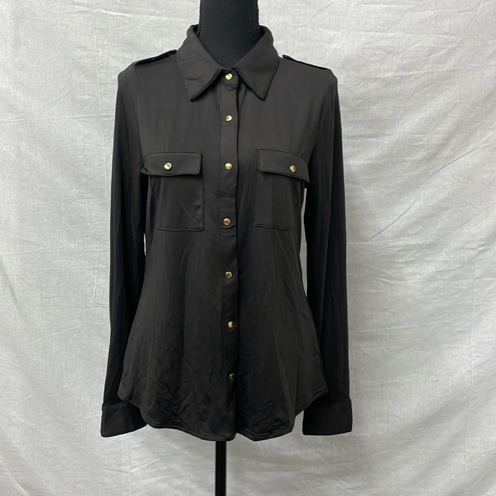 BCBGMaxazria brown shirt with gold snapped closure, size L